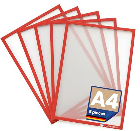 5 x Magnettasche A4 Sichttasche Einstecktasche Infotasche Blatthalter magnetisch Inforahmen Angebotsschilder Arbeitsschutzvorschriften Aushänge Brandschutzinfos (rot)