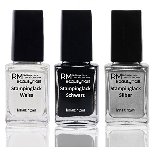 Stampinglack Set Weiss Schwarz Silber Nail Stamping Lack Stempellack Nageldesign Fingennagel RM Beautynails 3x12ml (3er Pack)