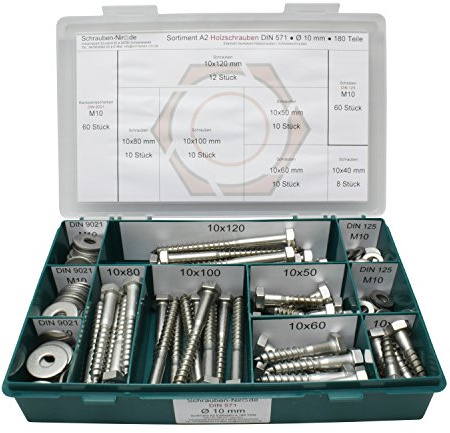 Sortiment DIN 571 Edelstahl A2 Schlüsselschrauben Durchmesser 10,0 mm, 180 Teile ; Sechskant/Holzschrauben inc. Scheiben, Material VA V2A