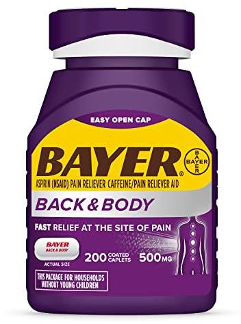 Bayer Back & Body 500mg Aspirin Plus Caffeine for Powerful Pain Relief, 200 Coated Caplets