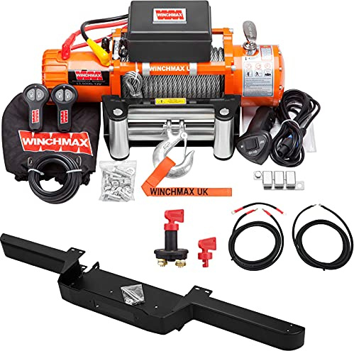 Winchmax 13500 LB / 6123 kg cabrestante eléctrico 12v. Parachoques para Defender. Cable de Acero de 26 MX 9,5 mm. Gancho con bisagras de 3/8 de Pulgada. Kit de cableado y aislador de batería.