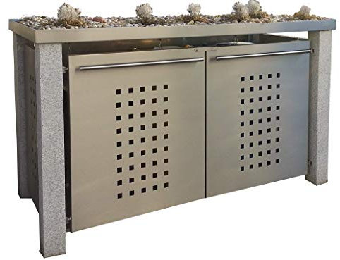 Mülltonnenbox aus Edelstahl mit Granitpfosten 12x12 cm (3X 240l, T-Design, Pflanzenwanne, Edelstahl)