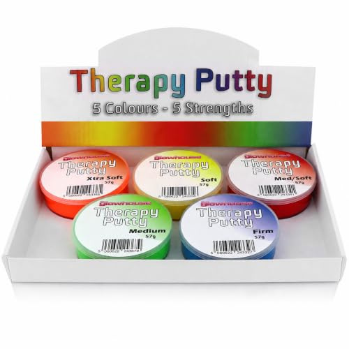 Therapeutische Knete, Premium-Set, 5 Stück, quetschbar, ungiftig, für Handübungen, Anti-Stress, 5 Stärken für Erwachsene und Kinder, 57 g, farbkodierte Behälter