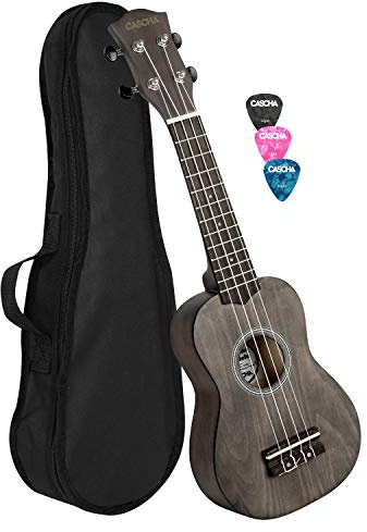 CASCHA Sopran Ukulele Set für Kinder und ErwachseneIUkulele Starter Kit mit 3 Plektren TascheIUkulele Set Aquila Saiten NylonIKleine Hawaii Gitarre für Anfänger & FortgeschritteneISchwarz,HH 3960