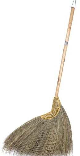 SN SKENNOVA - 1 Piece of Asian Broom Whisk Broom Thai Natural Grass Broom Solid Wood Handle Rattan Hand Grip (Kong Grass, 39 inch)