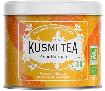 Kusmi Tea - AquaExotica - Infusion Bio - Mélange d'Hibiscus et Pomme Aromatisé Fruits Exotiques - Infusion sans Théine - À Déguster Chaud ou en Thé Glacé - Boîte Thé Métal 100g pour environ 50 Tasses