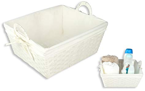HERSIG - Cesta Almacenaje | Pongotodo Rectangular de Papel con Forro y Asas - 34 x 29 x 15 cm - Color Blanco