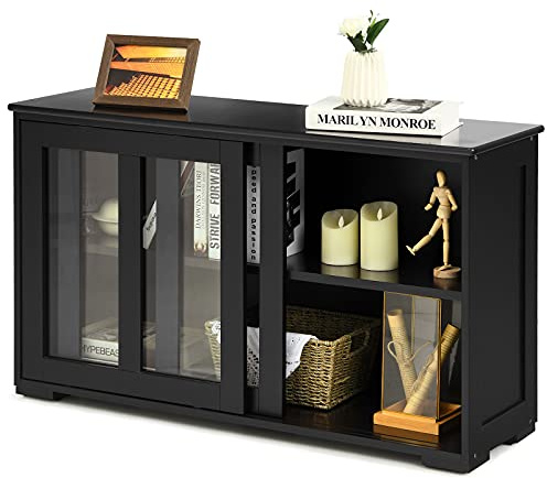 GIANTEX Sideboard Küche, Küchenschrank mit Glasschiebetüren, Küchenkommode Anrichte mit Verstellbarer Ablage, Aufbewahrungsschrank Buffetschrank Beistellschrank für Esszimmer Wohnzimmer 107x33x64 cm