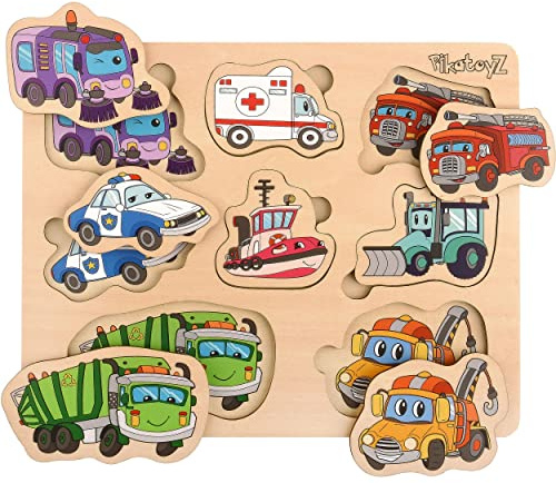 PikatoyZ® Montessori Spielzeug ab 1 Jahr, 2 und 3 Jahre – Holzpuzzle mit Hilfsfahrzeugen – Kinderpuzzle und Steckspiel Kleinkinder