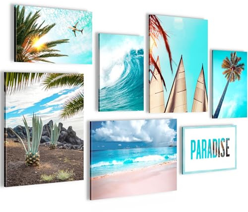 Novart Wandbilder Strand und Meer - KOMPLETT AUFHÄNGFERTIG - Blue Ozean Wohnzimmer Schlafzimmer - 7 Moderne Mood-Bilder - N022871a