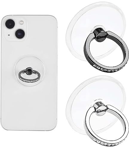 2 Pcs Transparent Phone Ring Holder with Diamond, 360 Degree Rotation Mobile Phone Accessories Ring Holder for Phone Case (Silver+Black)