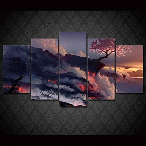 Leinwand Bilder Sakura-Baum-Vulkanlandschaft, 5 Teilige Kunstdruck - Wandbilder Wohnzimmer, Schlafzimmer, Moderne Wanddeko, Bild Auf Leinwand Mit Rahmen 150 X 80 Cm