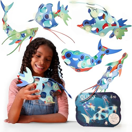 Clixo - Ocean Creatures Pack, magnetiska plattor för barn - magnetiskt spel med 24 ocean färgade delar - barnspel, former, byggleksaker för pojkar och flickor - för åldrarna 6+ - 24 st