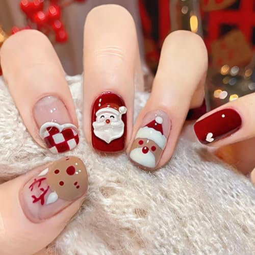 Brishow Weihnachten Künstliche Nägel zum Aufkleben Schnee Press on Nails mit Weihnachtsbaum Rot Kurze Falsche Nägel 24 Stück für Frauen und Mädchen (e)