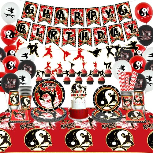 Obussgar Karate Geburtstag Party Dekorationen - Karate Party Zubehör umfasst Teller, Tassen, Servietten, Cake Toppers, Tischdecken für Karate Themed Party Dekorationen (Banner)