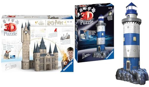 Ravensburger 3D Puzzle 11277 - Harry Potter Hogwarts Schloss - Astronomieturm - 615 Teile - Für alle Harry Potter Fans ab 10 Jahren & 3D Puzzle 12577 - Leuchtturm bei Nacht