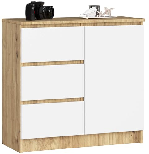 AKORD | Cassettiera K-80 JERRY con 3 Cassetti | Armadio Cameretta con 2 Ripiani e 1 Anta | Moderna Mobiletto per Soggiorno | Moderno | 80x77x35 cm | Rovere Artisan + Frontale Bianco