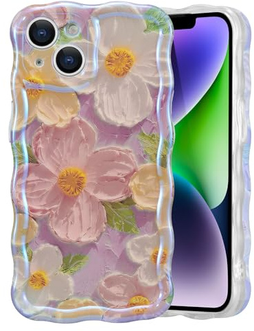 EYZUTAK Custodia per iPhone 15 Plus/14 Plus,Colorato Vintage Pittura a olio Laser Fiore Cassa del Telefono Brillante Curly Wave Frame Durevole Morbido TPU Caso Stampato Caso di Protezione-Rosa