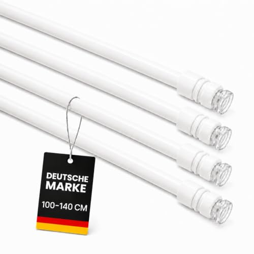 Klemmstange ohne Bohren stufenlos ausziehbar 100–140cm Weiß Ø14mm Metall | Gardinenstange zum Klemmen, kein Kleben, Gummipuffer, für Scheiben- & Bistrogardinen, perfekt für Mietwohnungen & Küche
