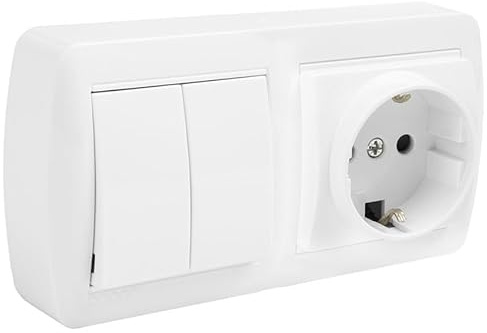 Base Schuko con doble conmutador para instalación mural, adecuada para controlar múltiples puntos de luz y mejorar la distribución eléctrica.