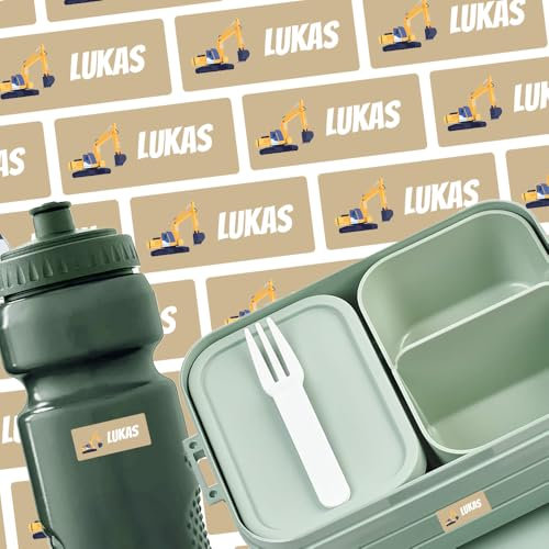Namensaufkleber für Flasche & Brotdose (125 Sticker) – Aufkleber mit Name und Bagger für Brotdosen oder Flaschen – Ideal für Schule und Kindergarten – Wasserfest, Spülmaschinenfest, 30 x 13 mm