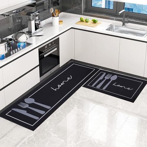 LHHMZ Alfombra de Cocina de 2 Piezas Antideslizante Lavable, Alfombrilla de Cocina, Negro, 40x60cm + 40x120cm