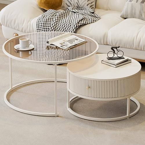 Zusammensetzbarer Couchtisch im 2er-Set, mit großer Aufbewahrungsschublade, zwei Glastischplatten verfügbar, ausziehbare moderne runde Couchtische für kleine Räume (weiß + braun, 31 Zoll + 18 Zoll)