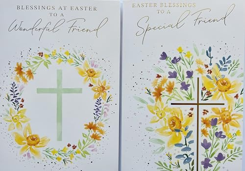 Religious Easter Cards for Friend, 2-Pack, Floral Cross Design with Blessings Message, White and Gold