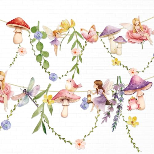 Easy Joy Blumengirlande Feen-Deko mit Blumen, Pilzen und Schmetterlingen | Aquarell-Papierbanner zum Aufhängen für Mädchenzimmer, Kindergeburtstag, Gartenparty, Hochzeit und Babyparty
