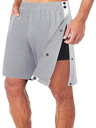 Feclmiyt Men Tear Away Shorts Pants High Split Snap Button Post-Surgery Trousers Loose Basketball Short Sweatpants with Pockets Activewear (Gray, M)