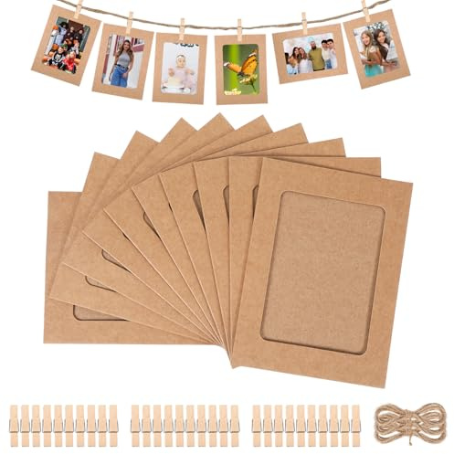 30 Pcs Kraft Cardboard Photo Frames for 6x4 Photo Paper, Hanging Picture Frames with 30 Wooden Clips and 30 Hemp Ropes, Rustic Hanging Picture Mounts Display for Wall Decor, Home and Office Use