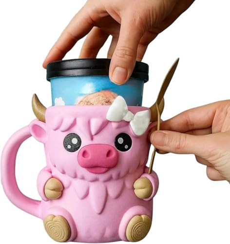 Highland Cow Eisbecher-Halter, 3D-Gedruckter Pint-Halter mit Anti-Frost-Griff, Auslaufsicherer Bierdosenhalter, Inkl. 2 Löffeln, Ideal für Eiscreme & Getränke (A)