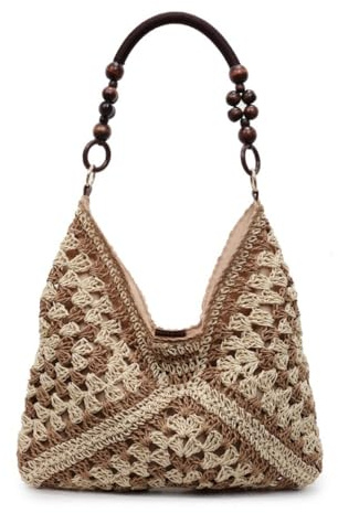 Bolso de mano tejido para mujer, bolso de hombro de paja de gran capacidad, bolso de playa de tejido sólido, bolso cruzado bohemio para vacaciones, Caqui y beige, 38*36*3cm
