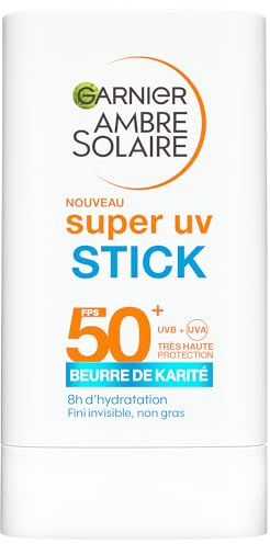 GARNIER - Ambre Solaire - Super UV Stick SPF 50+ Visage et Zones Sensibles - Protection Solaire Invisible - Hydrate et Protège la Peau des UV - Fini Non Gras - Tous Types de Peaux - 18GR