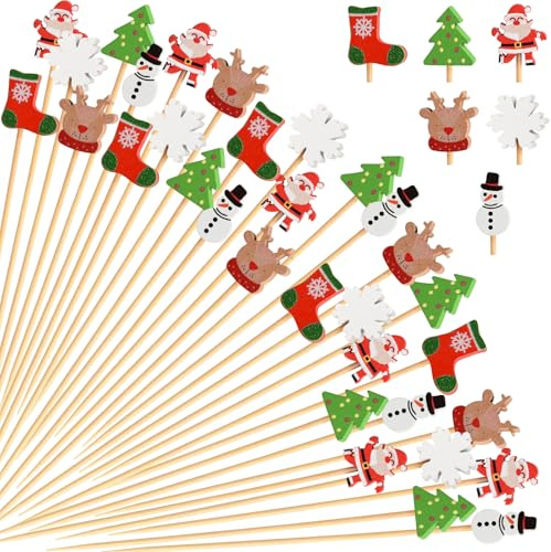 NEBURORA 150 palillos de cóctel de Navidad para aperitivos, Papá Noel, frutas, bebidas, palillos de dientes de bambú para decoraciones y suministros de fiesta