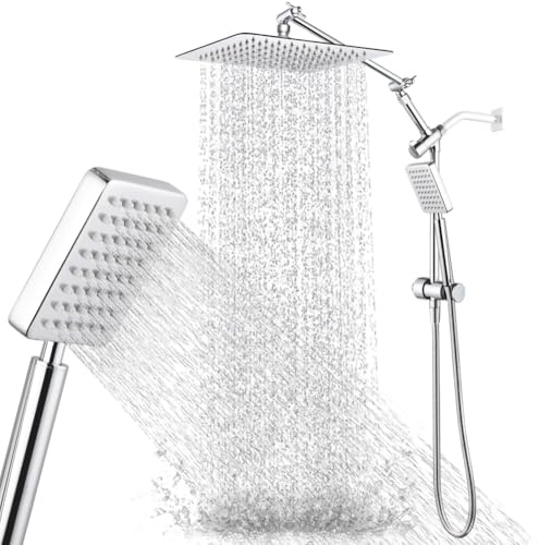 POP SANITARYWARE 10 Inch All Metal Rain Shower Head with Handheld Combo, High Pressure Rainfall Showerhead with 16.7 Adjustable Arm & 13 Slide Bar, Anti-Clog Nozzles, Chrome
