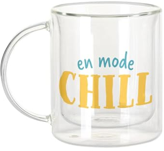 Fabulous Dubbelväggig glasmugg - chill mode semester semester helg slappna av - kaffekopp och isolerad 330 ml hängande effekt mot buller, tryck i Frankrike