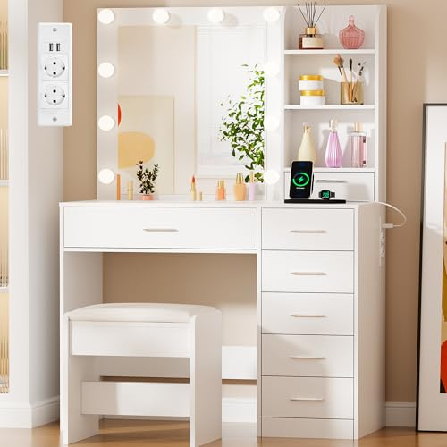BEWISHOME Coiffeuse avec HD Miroir,10 Globes LED et Tabouret, Blanc