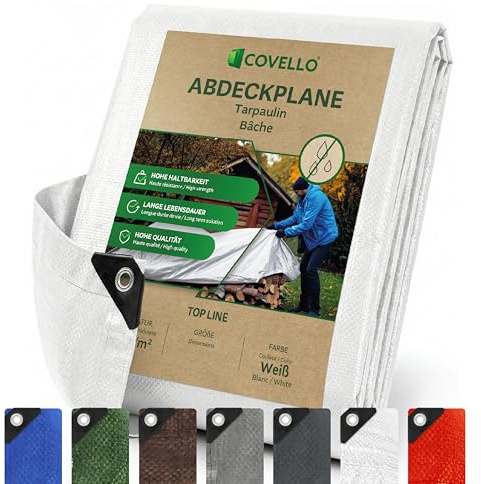 Covello Telo Impermeabile Esterno 3x4m Bianco 260g/m² Occhiellato | Top Line, Resistente ai Raggi UV Agli Strappi, Telone Multifunzionale per la Protezione, Varie Misure, per il Giardino