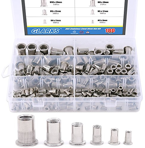 Glarks Kit assortimento di dadi rivettati in acciaio inox 304 con testa piatta filettata, 180 pezzi, M3, M4, M5, M6, M8, M10