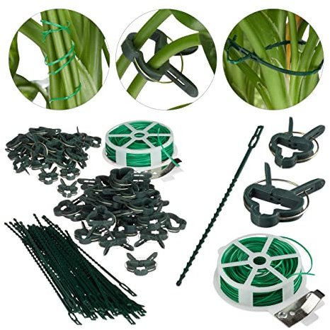 Relaxdays 1100 TLG. Pflanzenhalter Set, stabile Pflanzenclips, Bindedraht mit Cutter, Rankhilfe Rosen, Innen & Außen, Tomaten, grün