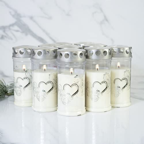 10er Set HOFER GRABKERZEN 4 Tage Brenndauer - Das Original [Platin Herz] Trauerkerzen mit Deckel | Grablicht, Friedhofskerze mit Motiv | Kerzen für Grabdeko und Grabschmuck
