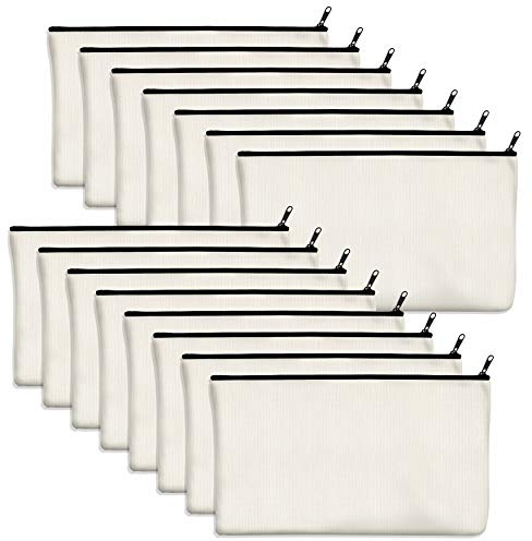 Vantasii Pack de 15 Sacs en Coton Vierge Artisanat Sachets à Fermeture éclair Trousse de Maquillage pour Rangement Fixe des Cosmétiques (Blanc cassé, Fermeture éclair Noir foncé, 21 x 12 cm)