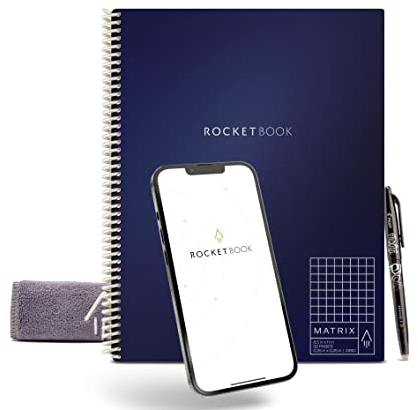 Rocketbook Matrix Digitales Notizbuch Millimeterpapier Seiten - Wiederverwendbarer Notizblock - 21,6 x 27,9cm - Wiederbeschreibbar mit inkl. Pilot Frixion Stift und Mikrofasertuch - Blue