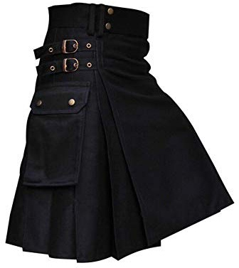 Tartan Utility Kilts för män Linne Tartan Kilt med remmar Stora lastfickor (svart, 2XL)