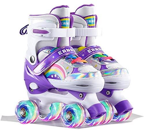 Sumeber Verstellbar Rollschuhe für Kinder,mit Leuchtenden Rädern Roller Skates Bequem und atmungsaktiv Quad Skates für Mädchen Rosa (Lila-S)…