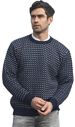 Aran Crafts Irish Men's Norwegian Style Wool Knit Sweater (C4015-MED-NWH)