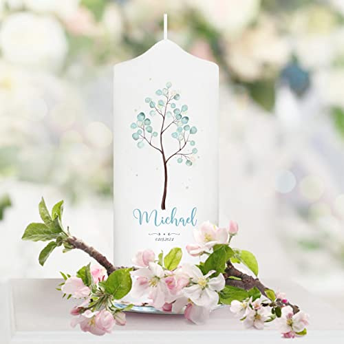 Wandtattoo Loft Taufkerze Junge Motiv Lebensbaum pastell, 18cm x 7cm, personalisierte Kerze, bedruckte Kerze zur Taufe, Stumpenkerze, individuelles Taufgeschenk