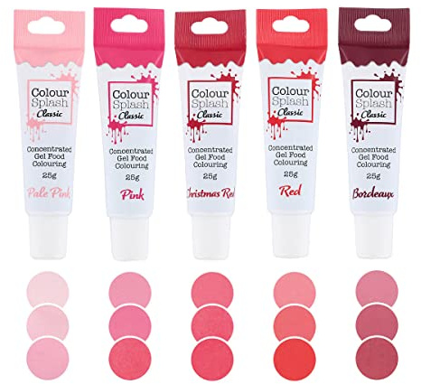 Colour Splash Reds Food Colouring Gel Set - 5 Pack | Pale Pink, Pink, Red, Christmas Red & Bordeaux, 25g Tubes, Highly Concentrated, Ideal For Icing