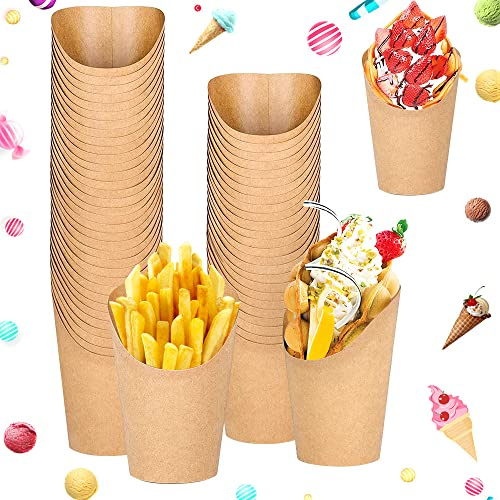 SIYINGSAERY Kraftpapier Pommes Frites Becher 14oz - Einweg Snacktüte für Waffeln, Popcorn und Bubble Waffeleisen Tüten in Braun